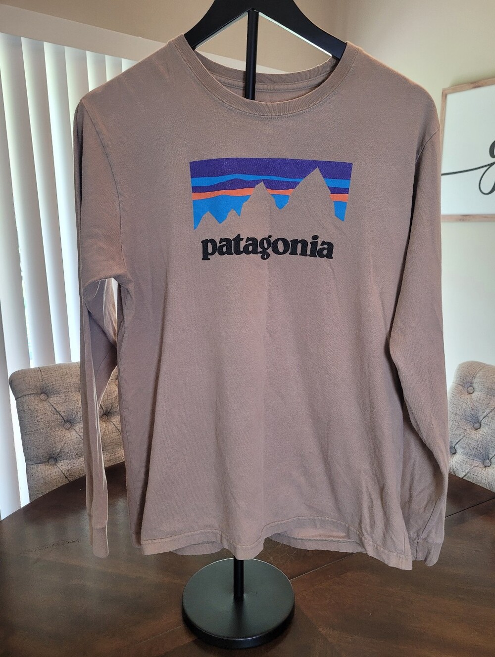 Patagonia Men's Crewneck Long-Sleeve Tee in Taupe with Multicolor Logo. Size M